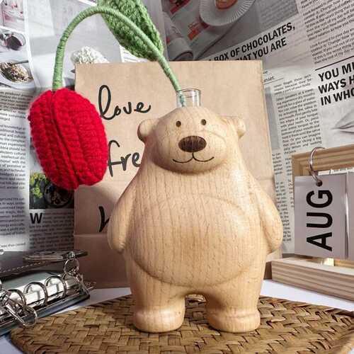 熊熊插花器榉木质手作插花瓶实木花插书房桌面干花编织花摆件可爱