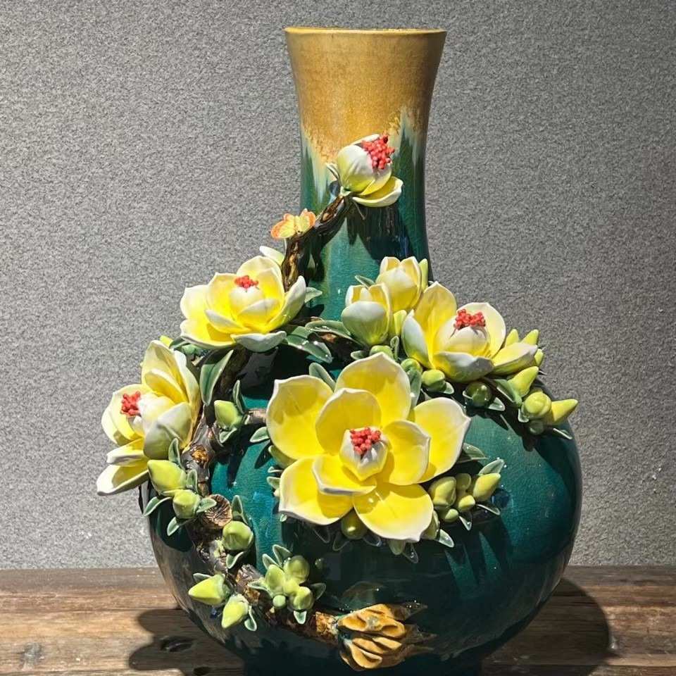 现代简约田园风大号玉兰花花瓶 纯手工制品 石湾陶瓷家居装饰摆件