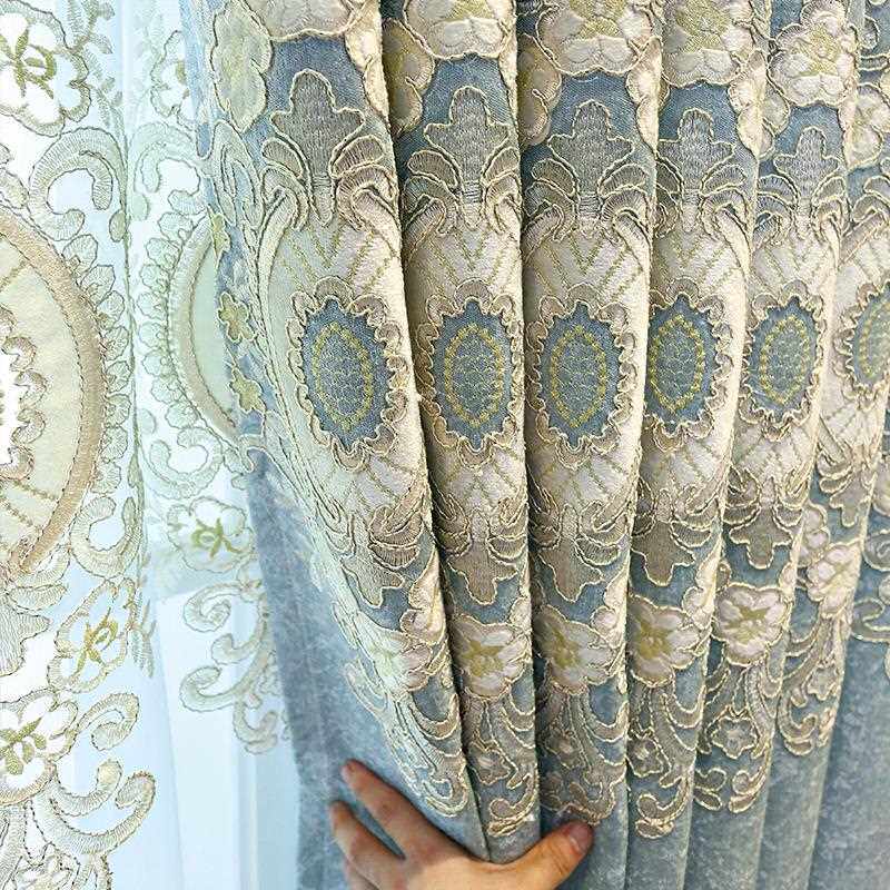 欧式大气客厅雪尼尔绣花窗帘成品卧室遮光落地窗飘窗纱帘成品