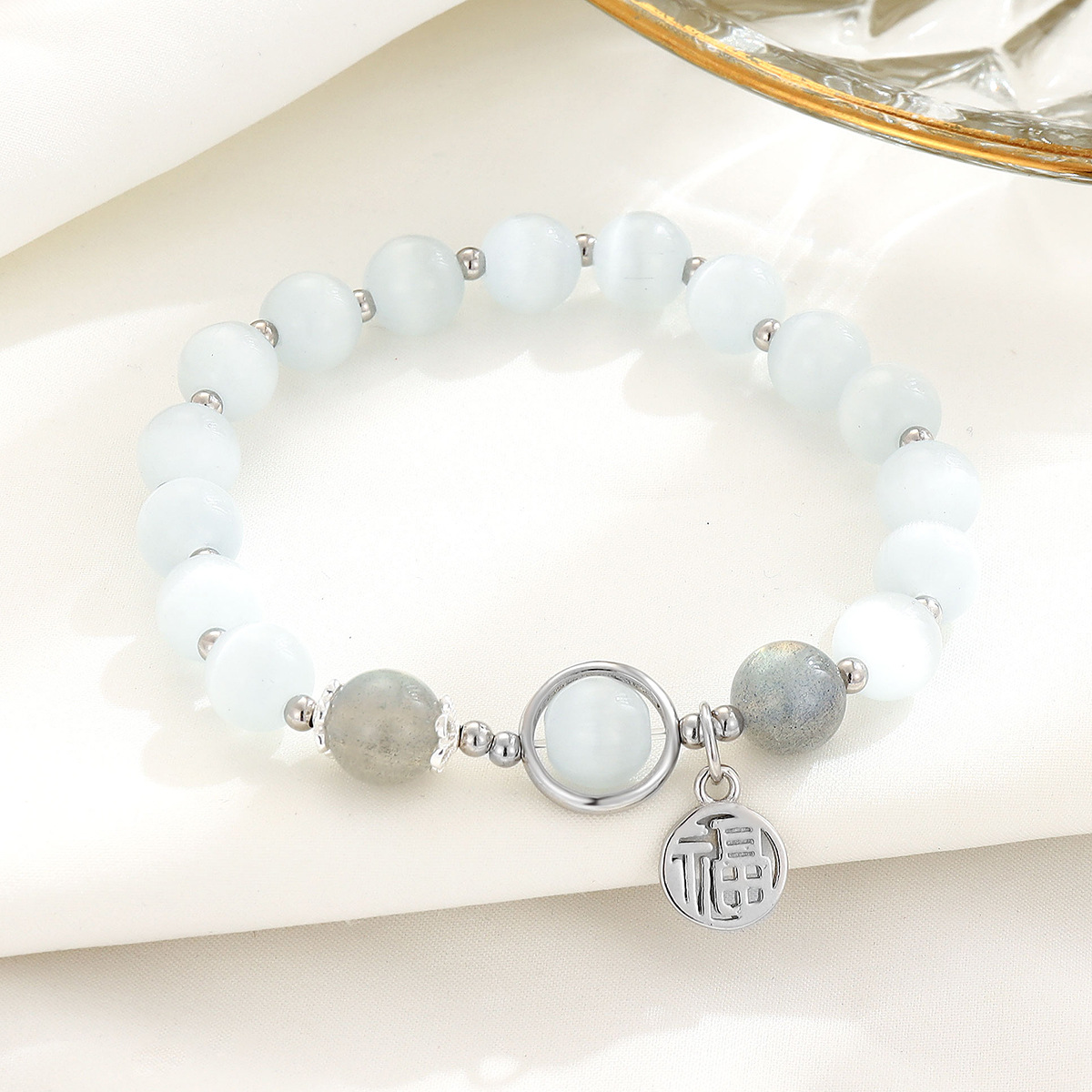 s925纯银福字白猫眼石手串气质小众高级感饰品轻奢宝石水晶手链女