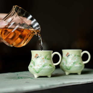 纯手绘文心兰主人杯家用单杯个人专用功夫茶杯带把防烫喝茶杯
