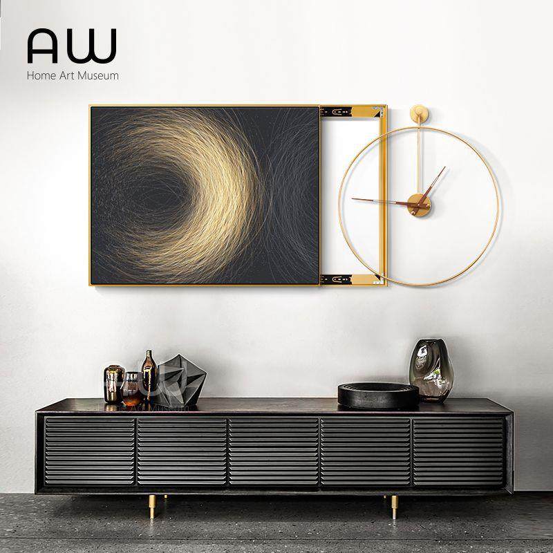AW现代轻奢电表箱装饰画带钟表大尺寸配电箱遮挡横款推拉抽象挂画