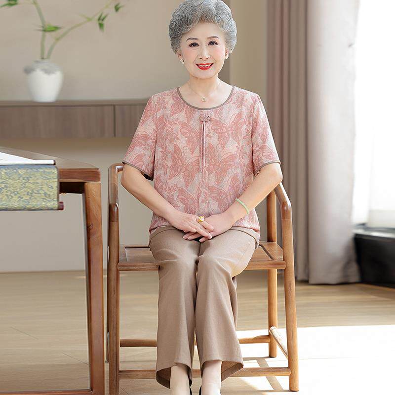 中老年人奶奶夏装桑蚕丝国风T恤女短袖两件套大尺码真丝圆领上衣