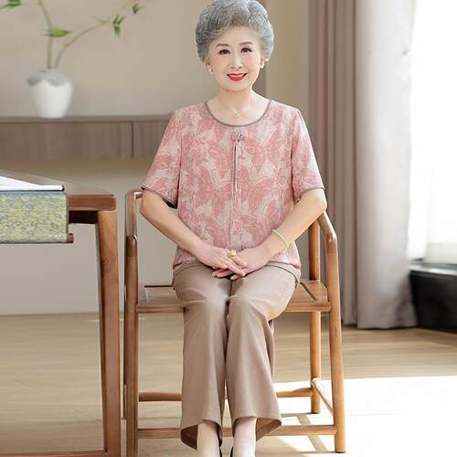 中老年人奶奶夏装桑蚕丝国风T恤女短袖两件套大尺码真丝圆领上衣
