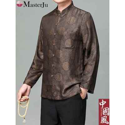 高端男士香云纱唐装长袖桑蚕丝上衣大码立领中老年真丝套装春秋季