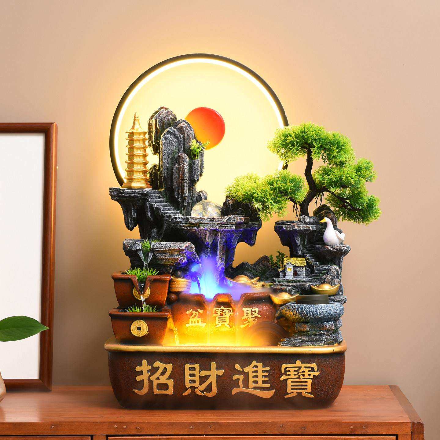 宝盆假流山水喷泉循环水桌面招财摆件客CS257厅办轮公聚室风水开