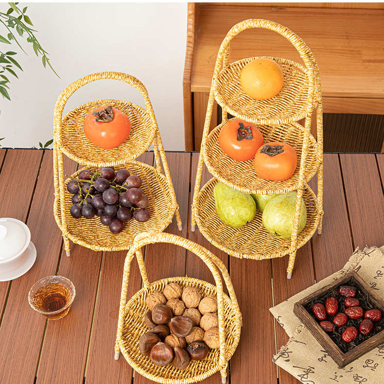 摆件竹藤编多层架小提篮茶点提手点心盘水果篮糕点托盘火锅盛菜盘