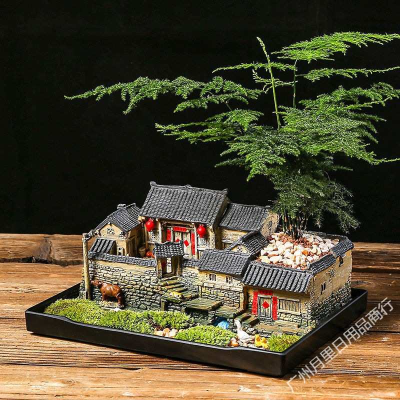 微景观小摆件中式复古老房子花盆造景创意室内多肉植物文竹盆景