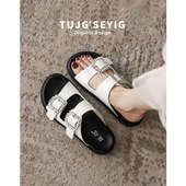 女41一43脚宽胖方扣水钻一字休闲厚底拖鞋 大码 凉鞋 女凉拖外穿夏