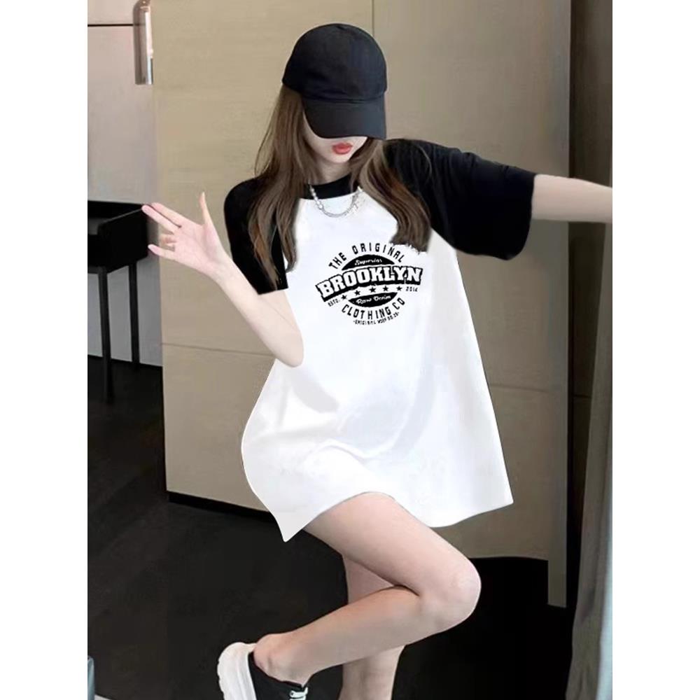 欧洲站纯棉短袖中长款T恤女2025新款夏季字母印花遮屁股拼色上衣