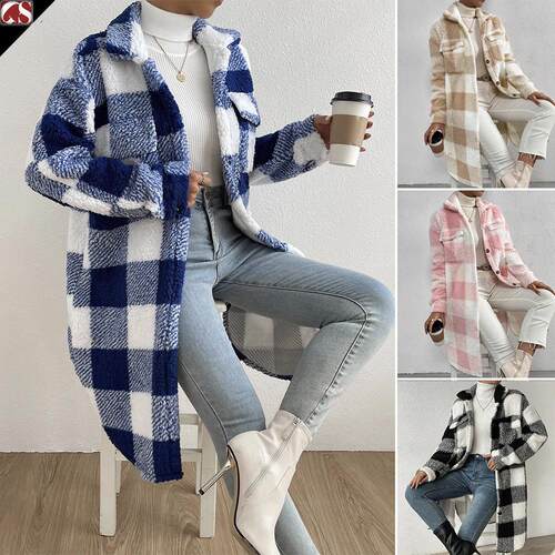 Women's Plaid Print Button Front Drop Shoulder Fuzzy Coat