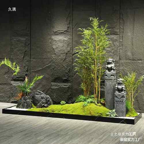 新中式室内造竹子盆假室山石景观茶栽枯tj#ylzn%山水拴景马柱装饰