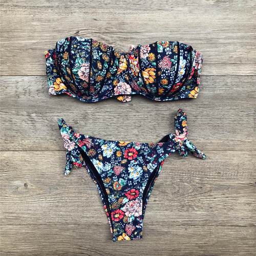Printed bra with low waist lace up bikini印花低腰系带比基尼
