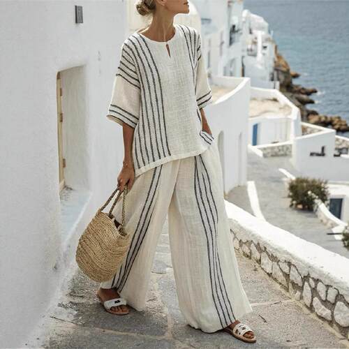 Round neck striped printed T-shirt wide leg pants set for