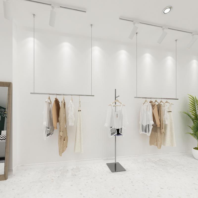 服装店展示架不锈钢吊架升降挂衣杆女装店银色橱窗钢丝调节展示架