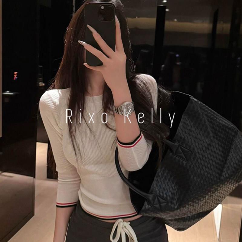 Rixo Kelly条纹薄款长袖T恤女秋季老钱风正肩修身内搭针织打底衫