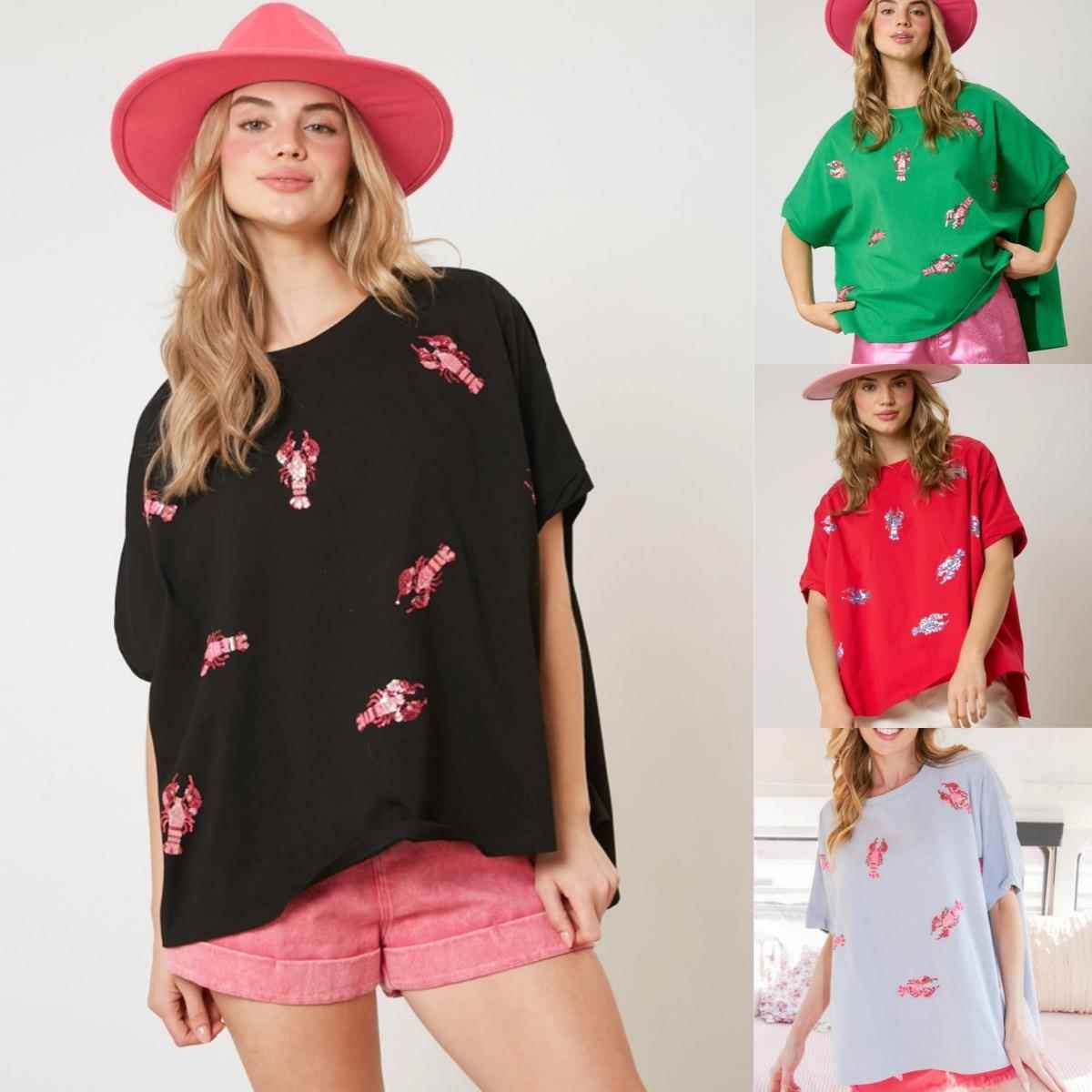 Women Sleeve Short Sequin Lobster Top T-shirt Casual Loose