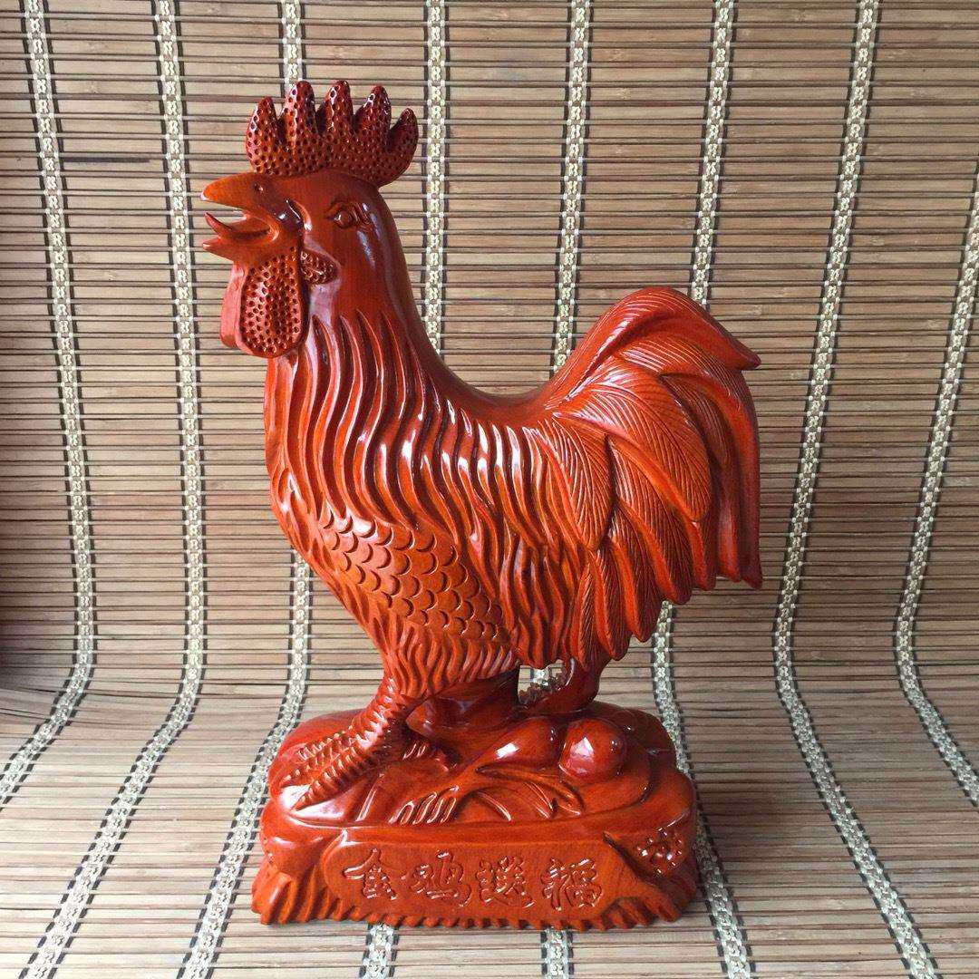 花梨木金鸡送福十二生肖实木质雕刻家居装饰品大公鸡根雕工艺品