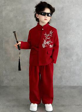 拜年服男童汉服唐装春秋款儿童国风礼服套装男孩演出服红色过年服
