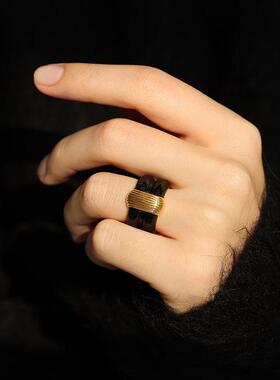 原创黑金珐琅条纹镀金戒指精致时尚轻奢高级感饰品直播好友礼物