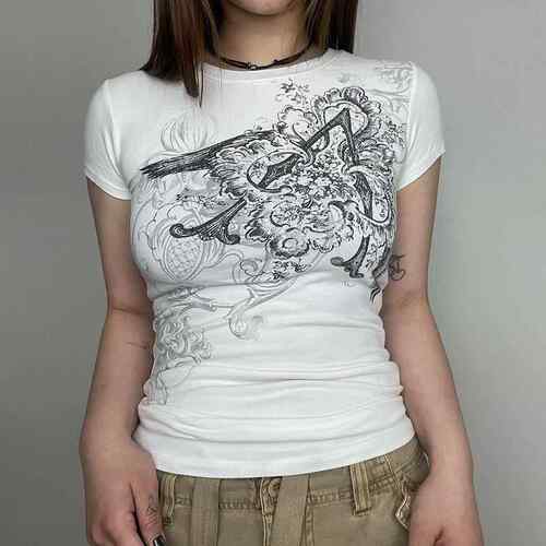 Women's fashion slimming printed round neck short sleeved