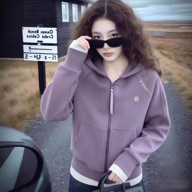 好货韩版休闲紫色连帽拉链卫衣外套女早秋季大码胖mm显瘦宽松开衫