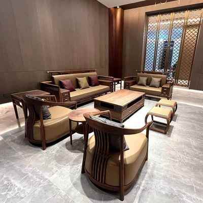 新中式北美黑胡桃木沙发宋式美学禅意实木真皮官帽别墅办公室家具