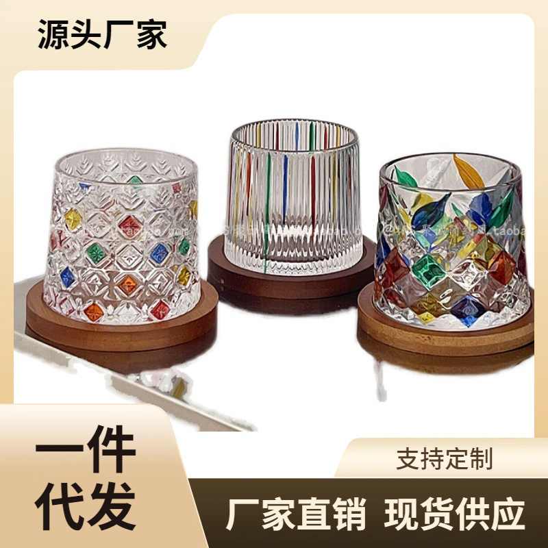 7小众设计师款复古手绘玻璃杯会折射彩虹光泽彩绘水杯