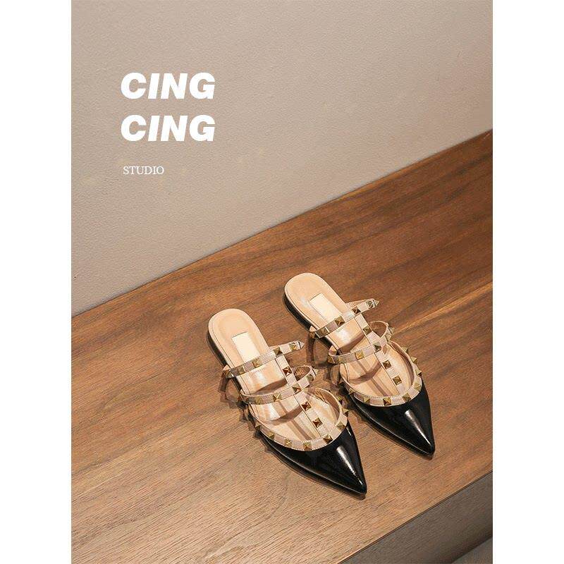 CING`CING 闭眼入~招牌款 漆皮铆钉拖鞋尖头真皮穆勒平底半拖鞋女