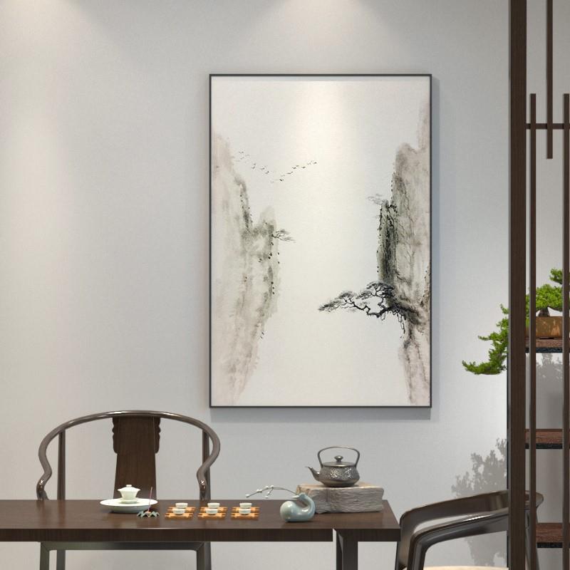 新中式客厅入户玄关装饰画水墨松树走廊书房背景墙样板房竖版挂画图片