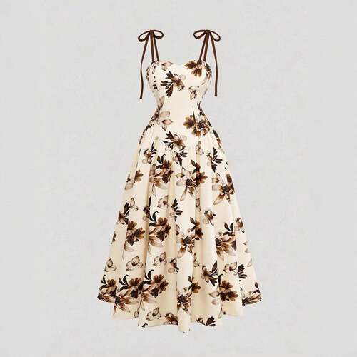 Women's Apricot Brown Floral Print Vintage Spaghetti Strap