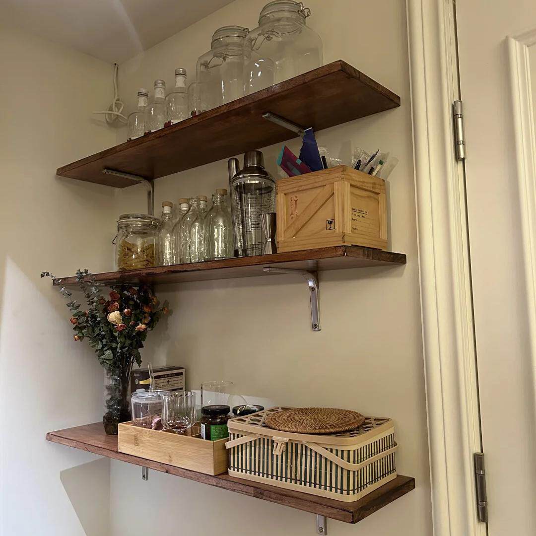 墙上实木置物架免打孔壁挂式墙上厨房客厅一字大容量多层收纳层架