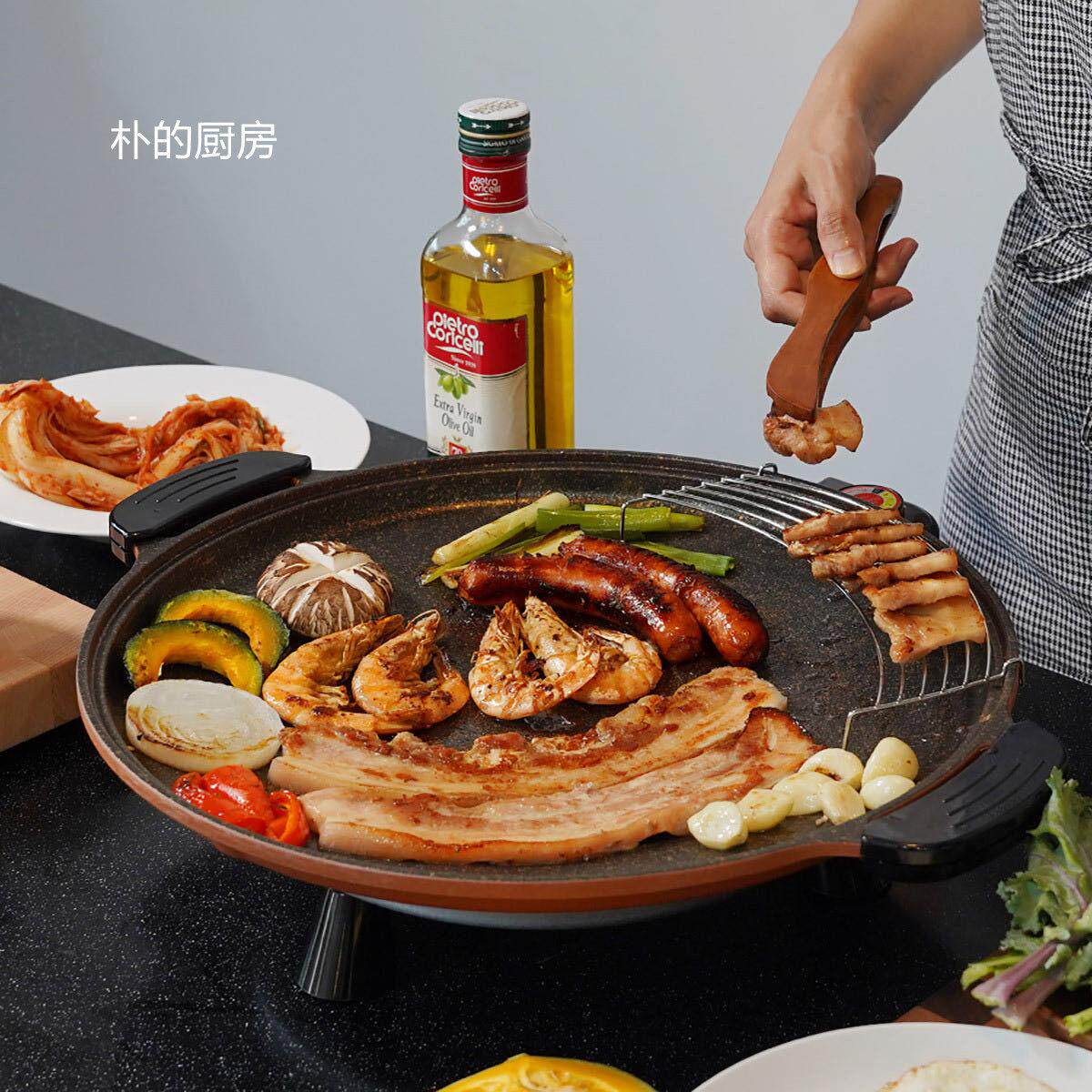 韩国进口家用麦饭石不沾锅烤肉盘34/38cm韩式电烤盘多功能烤肉锅