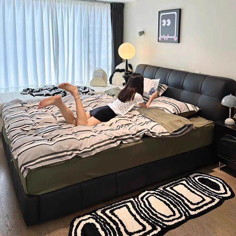 现代简约意式真皮床双人主卧大床储物泡芙床高端大气轻奢皮艺婚床