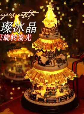 美国新品Joyous Castle四层旋转火车耶诞树木质音乐盒女生日礼物