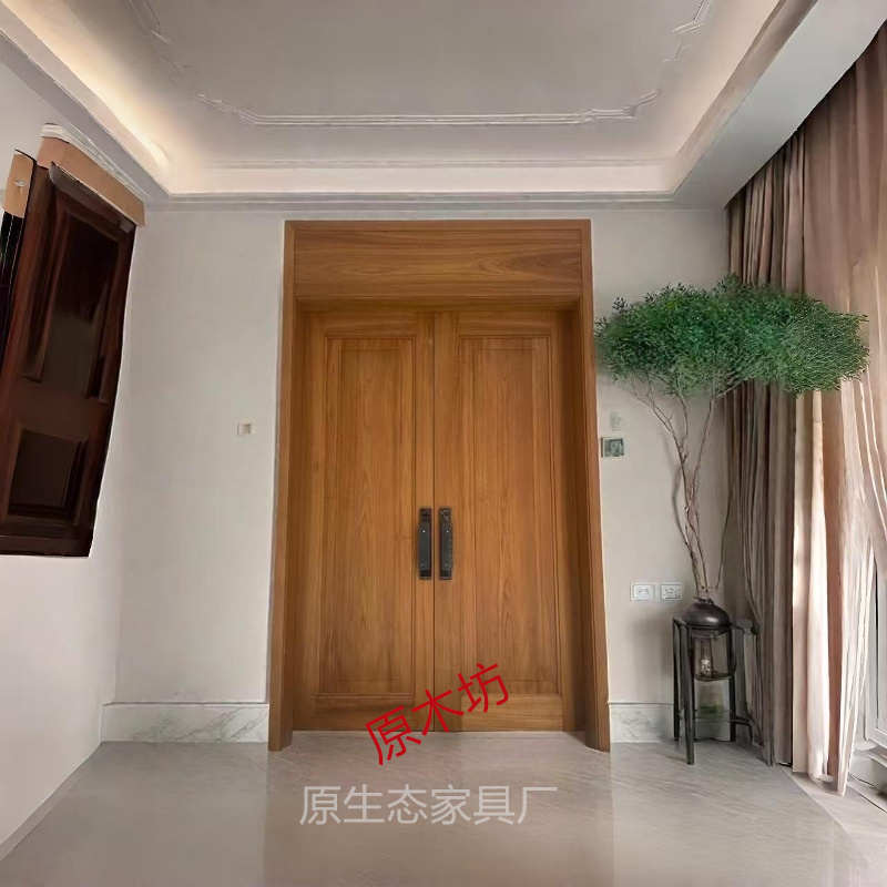 中式别墅菠萝格实木门进户门子母门防盗门密码门入户门榆木双开门