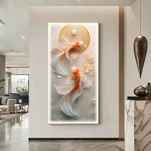 锦鲤好运临门玄关装饰画竖版高级感led灯画现代轻奢走廊过道挂画