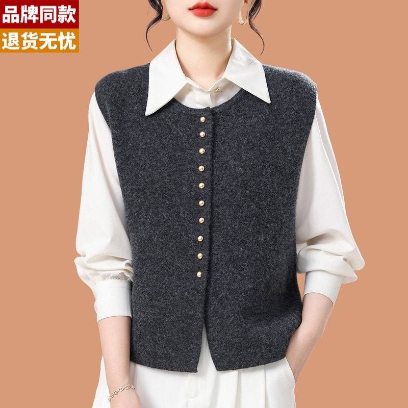 羊毛马甲坎肩女士春秋金扣外搭针织开衫叠穿马夹上衣无袖毛衣背心