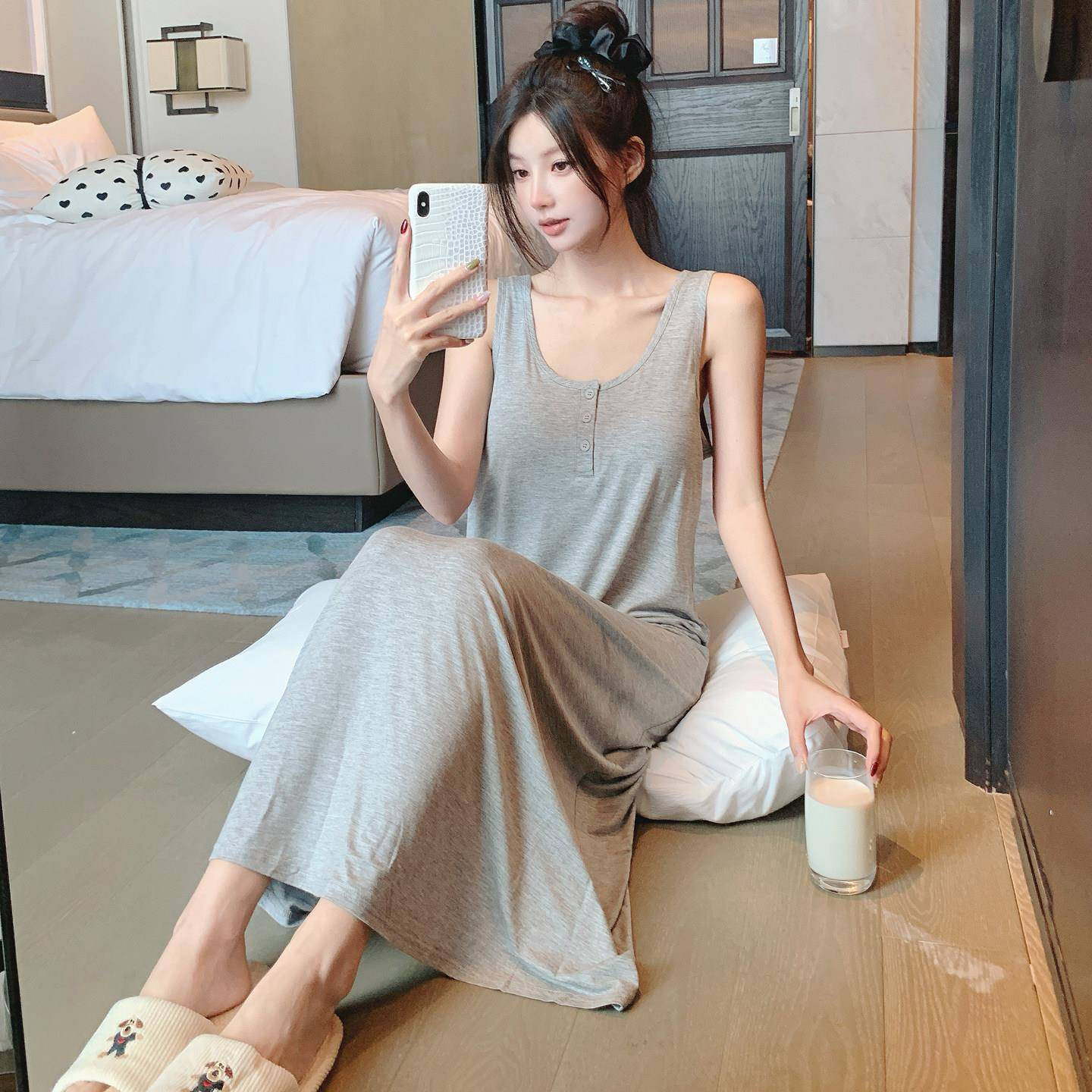睡裙女夏季莫代尔纯色无袖长版背心裙睡衣带胸垫孕妇洋装可外穿