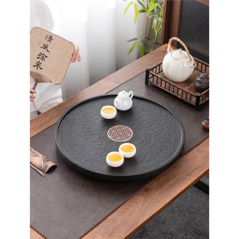 天然整块乌金石茶盘圆形家用石头简约现代轻奢托盘客厅茶台茶海