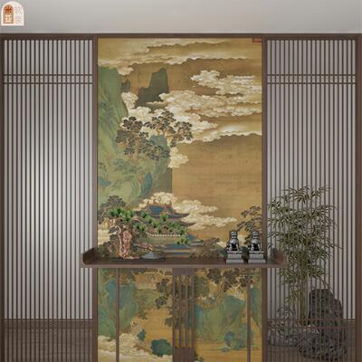 山水画古画宋氏美学仙山楼阁墙面装饰玄关中国画背景墙门贴纸定制