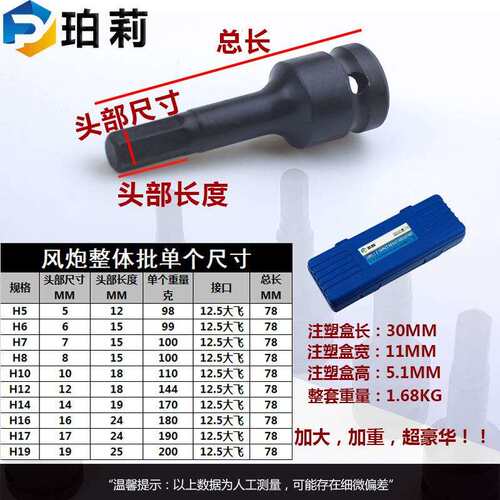 10PC整体批头套装 电动气动1/2寸连体六角批头 风炮内六角批头