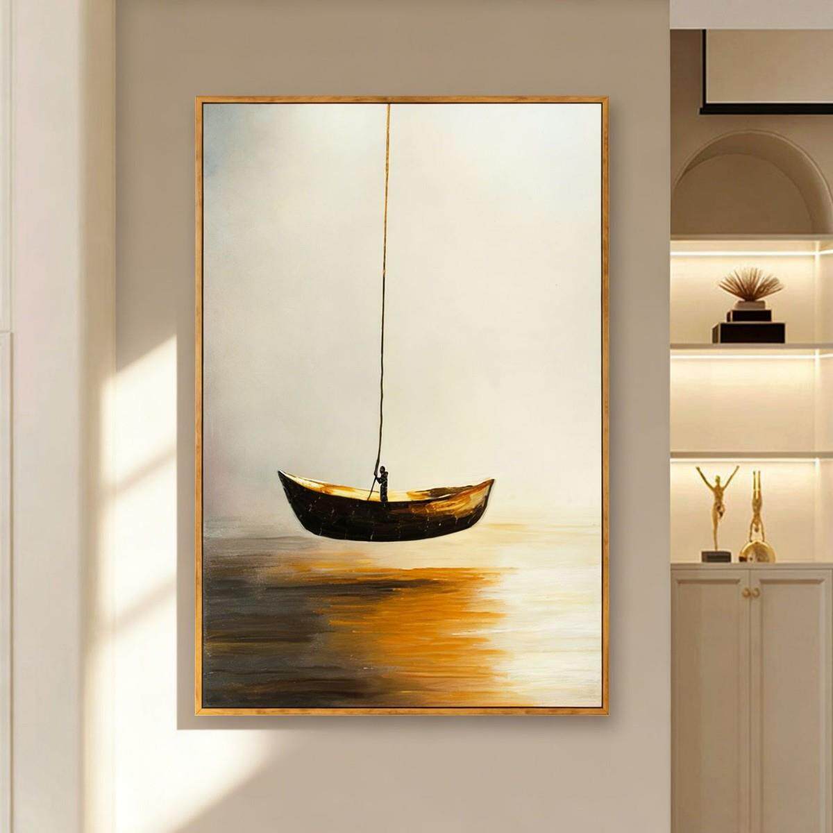 手绘油画《独舟》高档肌理玄关装饰画轻奢风客厅挂画酒店商用壁画