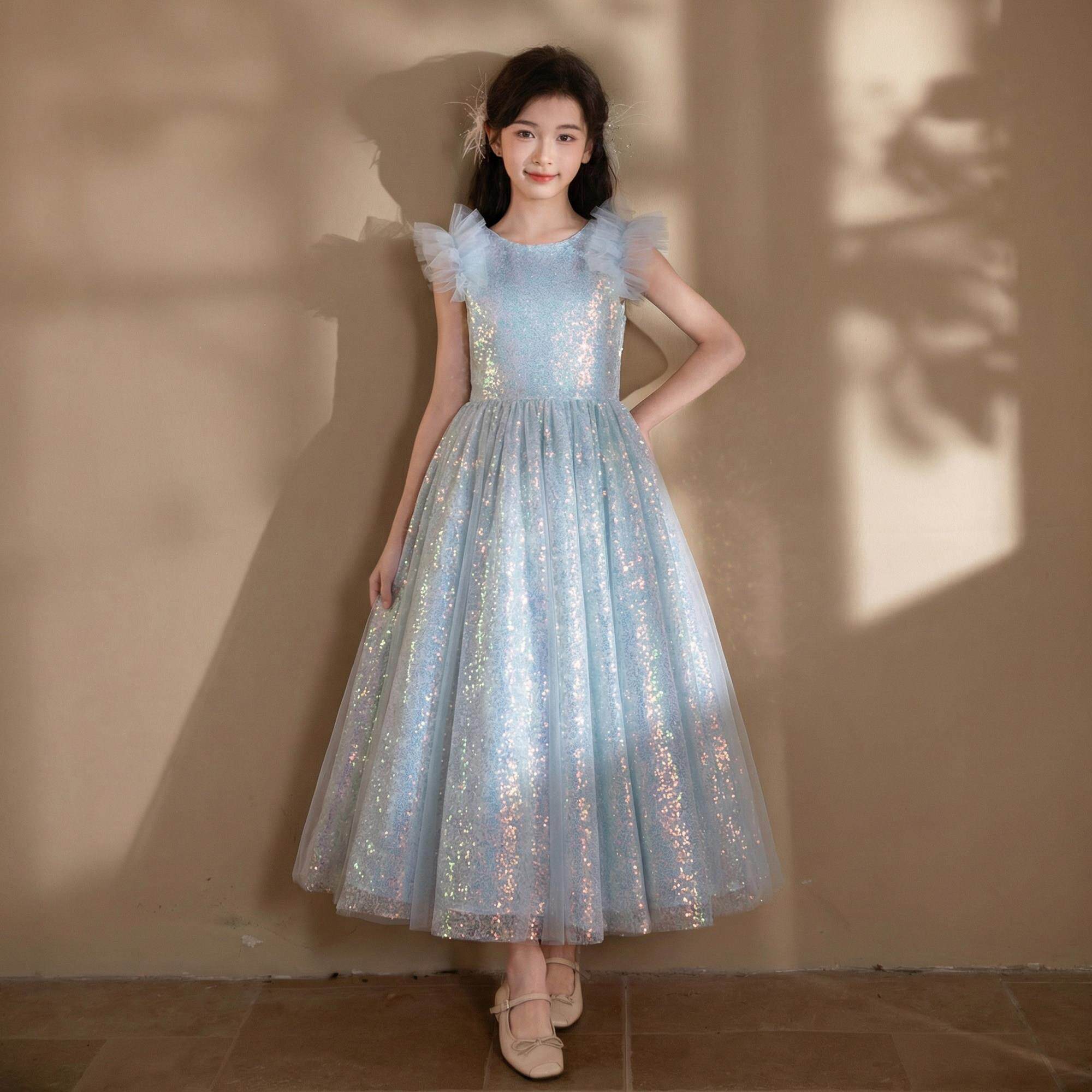 儿童礼服演出服钢琴小主持生日高端定制女童亮片吊带唯美公主裙