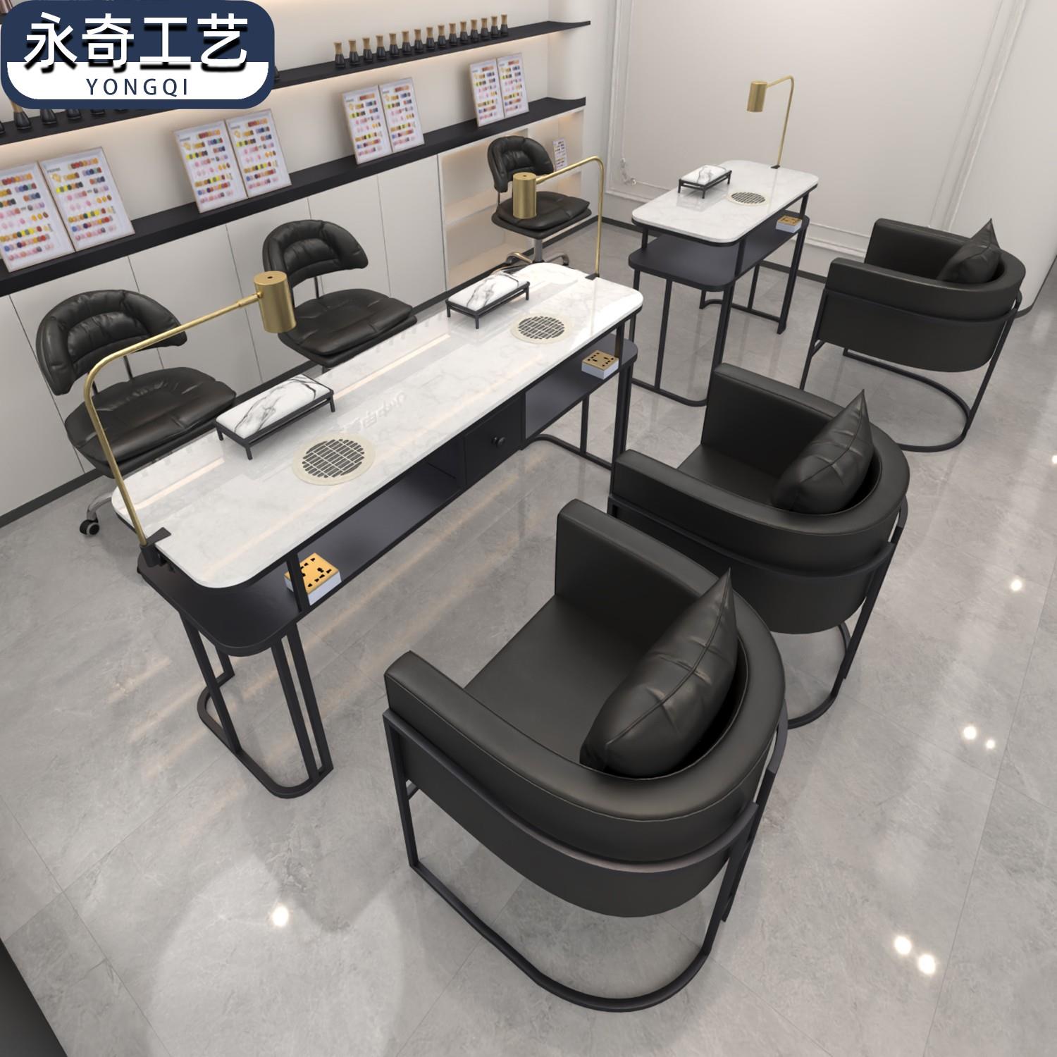 永奇工艺北欧黑色大理石板面单双三美甲桌椅套装多功能智能全套