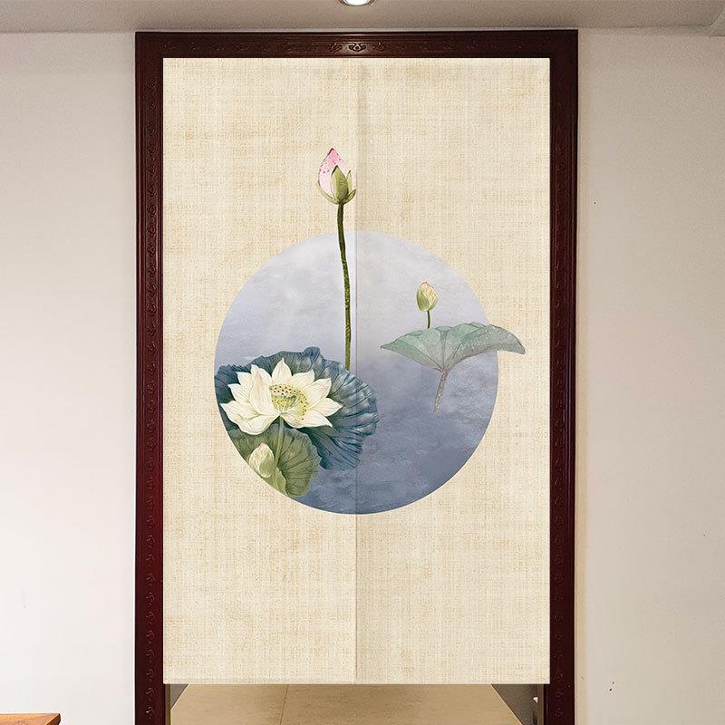 中式淡雅荷花麻色布艺门帘厕所饰装布帘t5663783中风卧免打国孔隔