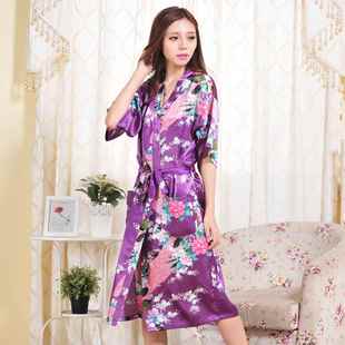 袍薄款 开衫 色丁丝绸日本和服袍 印花孔雀牡丹睡袍女士夏季 跨境长款