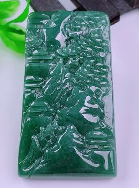 天然真品翡翠冰蓝水天空蓝满色高档闪拍山水意境牌玉器吊坠33.05g