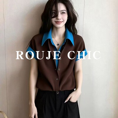 法国rouje chic高级感Polo领撞色假两件衬衫女夏季设计感短袖T恤