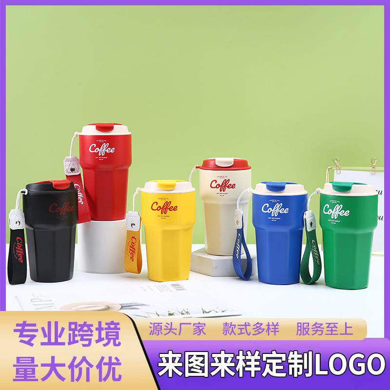 新款简约高颜值六角咖啡杯户外便携提绳保温杯男女情侣真空随手杯